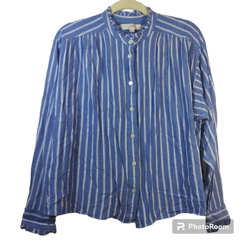 Loft Blue Stripe Ruffle Button Front Casual Top L